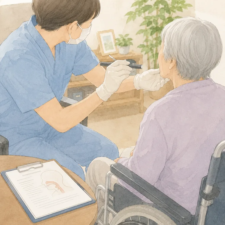 訪問してお口と飲み込みの状態を評価する様子