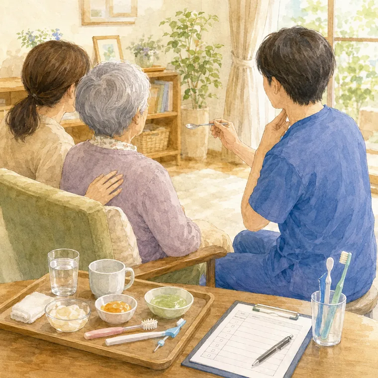 訪問診療・嚥下トレーニング・再評価を行う様子