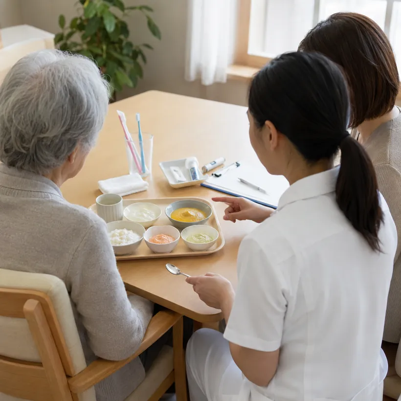 嚥下しやすい食事を前に食支援をする様子